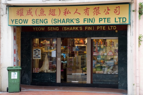 A shark fins store advertising an array of shark fin products in Singapore in April 2010. (Shawn Heinrichs/Blue Sphere Media)