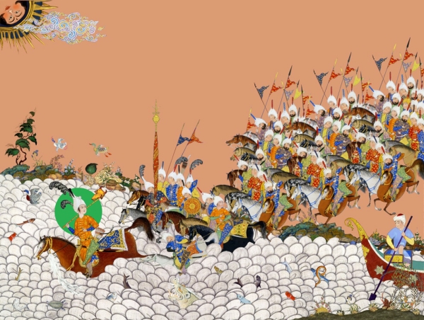 Inspired by the wealth of imagery he found in different editions of Shahnameh, artist Hamid Rahmanian experimented with bringing together images from different styles and periods. (Hamid Rahmanian)