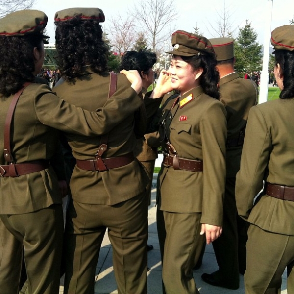 Women of the KPA, or at least dressed in North Korean military uniforms, at the Kumsusan Palace of the Sun in Pyongyang. (newsjean/Instagram)