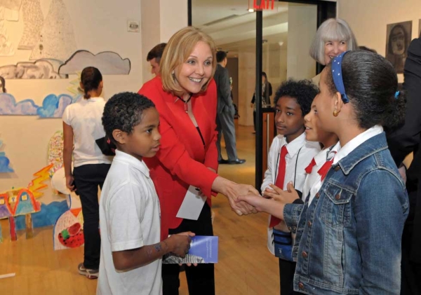 Incoming Asia Society President Josette Sheeran greets New York City public schoolkids at the "Inspired by Lin Tianmiao" opening on June 5, 2013. (Elsa Ruiz/Asia Society)