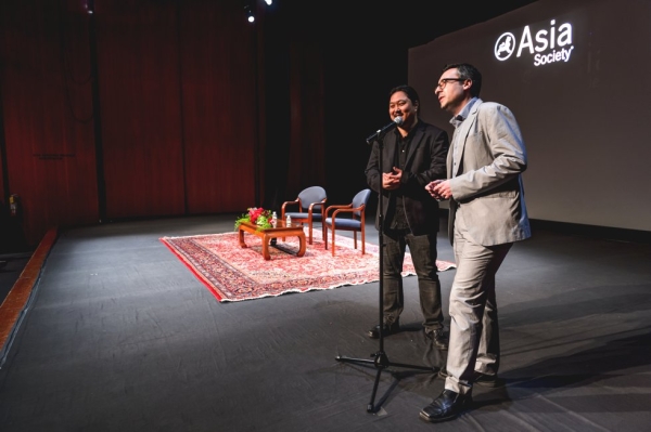 Samuel Jamier (L), Co-Director of New York Asian Film Festival, and Goran Topalovic (R), Executive Director of New York Asian Film Festival, give the opening remarks for Jackie Chan at Asia Society headquarters in New York. (C. Bay Milin/Asia Society)