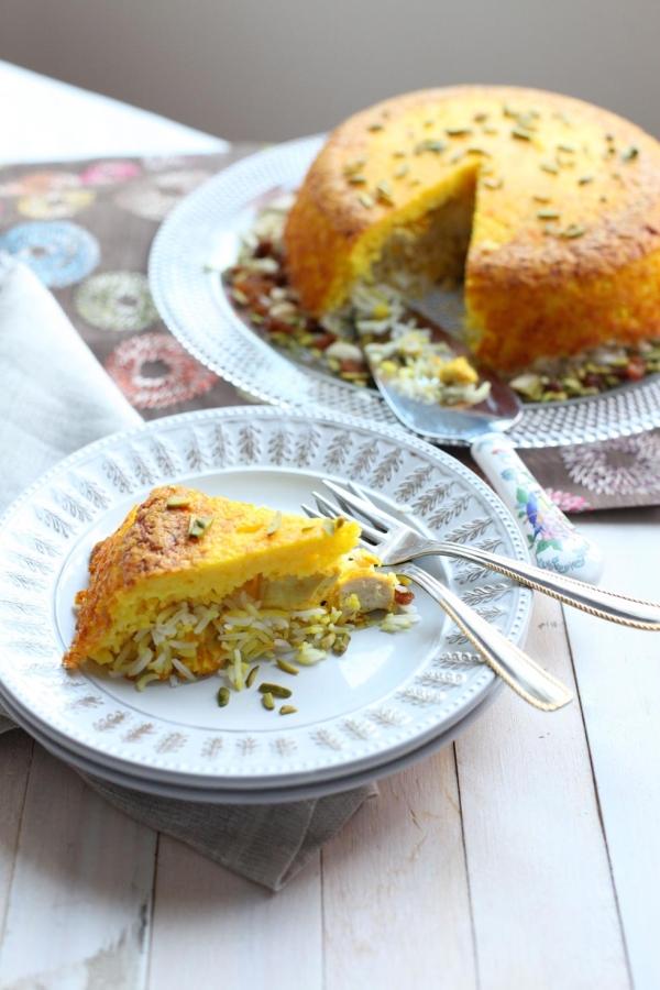 Tahchin, Persian rice timbale with saffron-poached chicken. (Shayma Saadat)