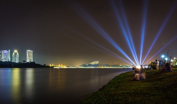 Laser lights brighten the night sky in Putrajaya, Malaysia on August 30, 2013. (Jeffrey Goh/Flickr) 