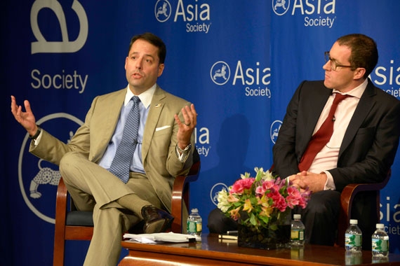 Chad C. Sweet (L) is Co-Founder and CEO of the Chertoff Group, an advisory firm and investment bank focused on the security sector; Thomas Rid (R) is the author of "Cyber War Will Not Take Place." (Elsa Ruiz/Asia Society)