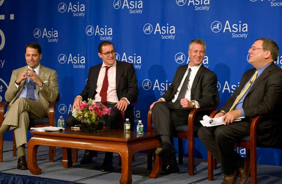 L to R: Chad Sweet, Thomas Rid and William Plummer joined moderator David Sanger for a panel on cyber security at Asia Society New York on Sept. 16, 2013. (Elsa Ruiz/Asia Society)