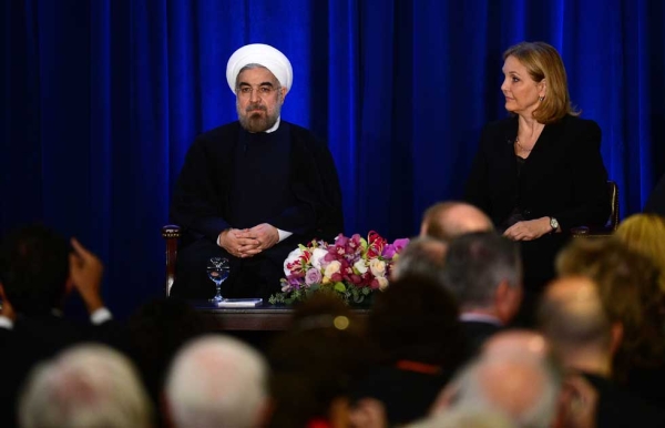 Following his address, President Rouhani sat down for a Q & A session with Asia Society President Josette Sheeran. (Emmanuel Dunand/AFP/Getty Images)