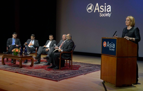 Asia Society President Josette Sheeran introduces the "Reimagining India" panel in New York on November 19, 2013. (Elsa Ruiz/Asia Society)