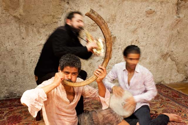 L to R: Sound: The Encounter is Basel Rajoub (standing), Naghib Shanbehzadeh and Saeid Shanbehzadeh. (Sebastian Schutyser/Aga Khan Music Initiative)