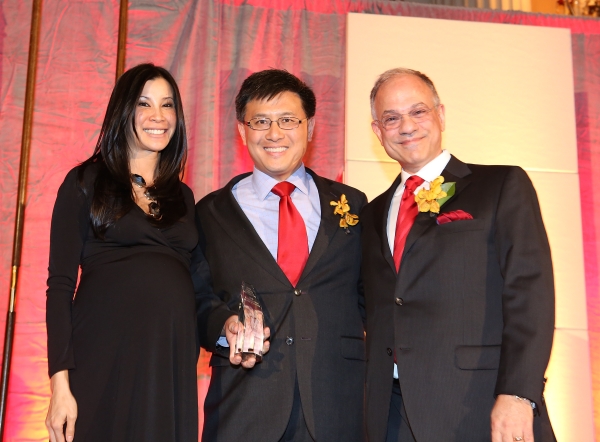 From left, host journalist Lisa Ling; John Chiang, Controller State of California, honored as "Asian American Leader of the Year" and Mike Margolis, Founding Partner, Margolis & Tisman pose during the Asia Society Southern California 2013 Annual Gala held at the Millennium Biltmore Hotel on Tuesday, February 19, 2013 in Los Angeles, Calif. (Photo by Ryan Miller/Capture Imaging)