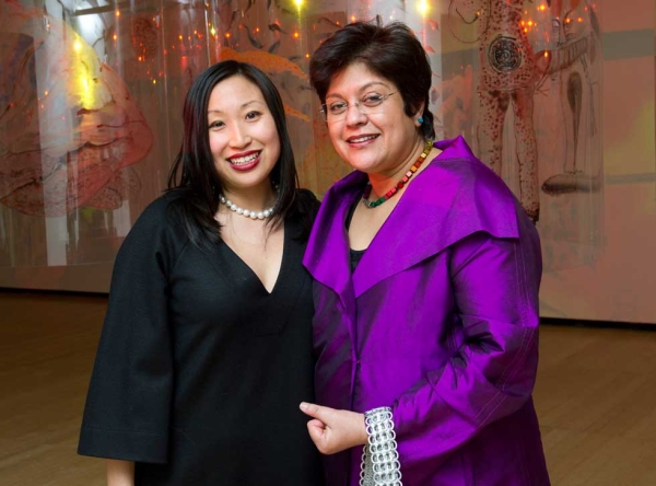 Asia Society Curator of Modern and Contemporary Art Michelle Yun, curator of the exhibition "Nalini Malani: Transgressions," with Contemporary Art Committee member and donor Dipti Mathur at the opening. (Elena Olivo/Asia Society)