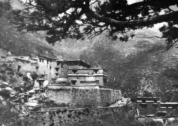 Asia Society Museum's latest exhibition showcases the Densatil monastery in central Tibet, pictured here in a historic photograph taken by an anonymous photographer at an unknown date. (Archival image courtesy David Holler.)