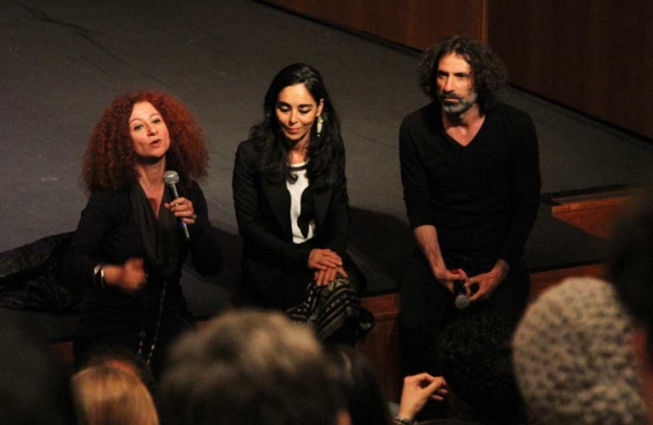 L to R: Lina Saneh, Shirin Neshat, and Rabih Mroué in a post-performance Q & A on April 29, 2014. (Ellen Wallop/Asia Society)