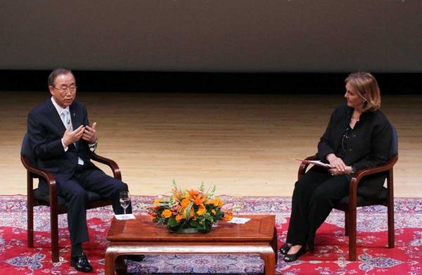 Secretary-General Ban spoke with Asia Society President Josette Sheeran after his address. (Ellen Wallop/Asia Society)