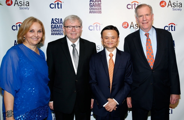 L to R: Asia Society President Josette Sheeran, former Australian Prime Minister Kevin Rudd, Jack Ma, and General Atlantic Managing Director J. Frank Brown at the United Nations on Oct. 16, 2014. (Jimi Celeste/Patrick McMullan)