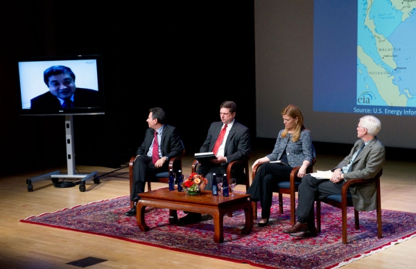 L to R: Zha Daojiong (on monitor), Robert D. Kaplan, Peter Dutton, Holly Morrow, and Orville Schell at Asia Society New York on Nov. 12, 2014. (Elena Olivo/Asia Society)
