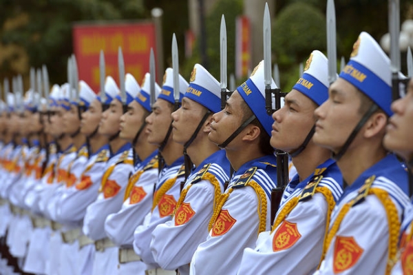 Sailors assemble in a line during a welcoming ceremony for the American Secretary of Defense, Ash Carter, at Vietnamese Navy headquarters in Hai Phong, Vietnam on May 31, 2015. (Ash Carter/Flickr)