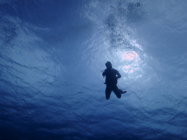 A scuba diver dives into deep waters in the Solomon Islands on May 10, 2015. (Kelsey Schwenk/Flickr)