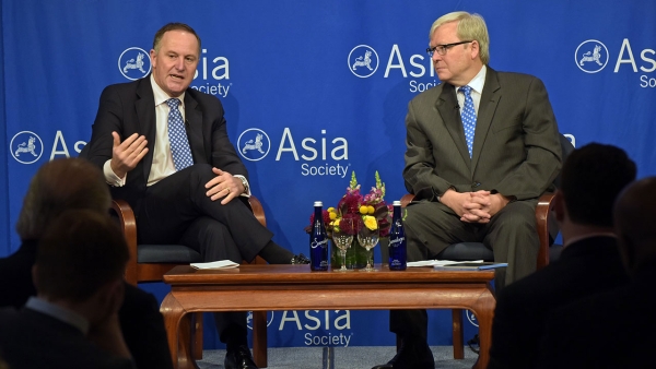 New Zealand Prime Minister John Key discusses China’s economic transformation and the country’s changing posture toward the TPP during a conversation with ASPI President Kevin Rudd. (Elsa Ruiz/Asia Society)