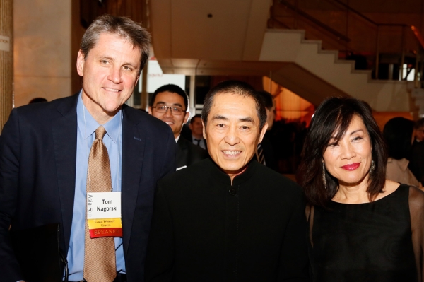 From left, Tom Nagorski, executive vice president, Asia Society, Zhang Yimou, director, and Janet Yang pose during the 2015 Asia Society U.S.-China Film Summit and Gala held at the Dorthy Chandler Pavilion on Thursday, November 5, 2015, in Los Angeles, Calif. (Ryan Miller/Capture Imaging)