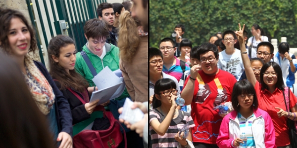 L: French students at the Lavoisier high school in Paris on June 18, 2012. (Fred Dufour/AFP/GettyImages) / R: Chinese students after finishing the first day of the gaokao in Beijing on June 7, 2012. (STR/AFP/GettyImages)