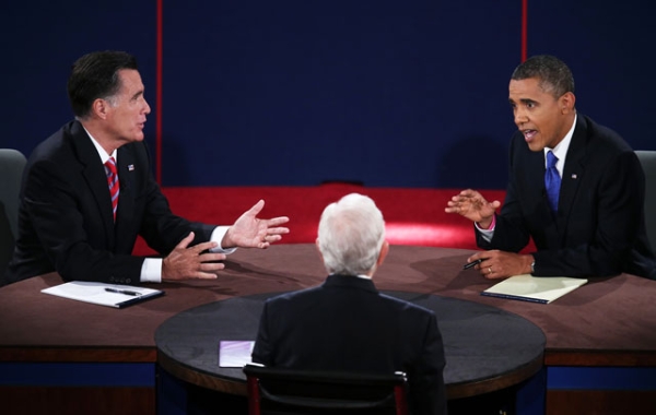 U.S. President Barack Obama (R) debates with Republican presidential candidate Mitt Romney (L) as moderator Bob Schieffer (C) listens at Lynn University on Oct. 22, 2012 in Boca Raton, Florida. (Win McNamee/Getty Images) 