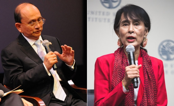 Myanmar president Thein Sein (L) and legislator Aung San Suu Kyi (R) speaking at Asia Society events in 2012. Aung San Suu Kyi was last year's winner of our reader poll for Asia's Person of the Year — will her countryman take her spot this year? (Kenji Takigami/Joshua Roberts)