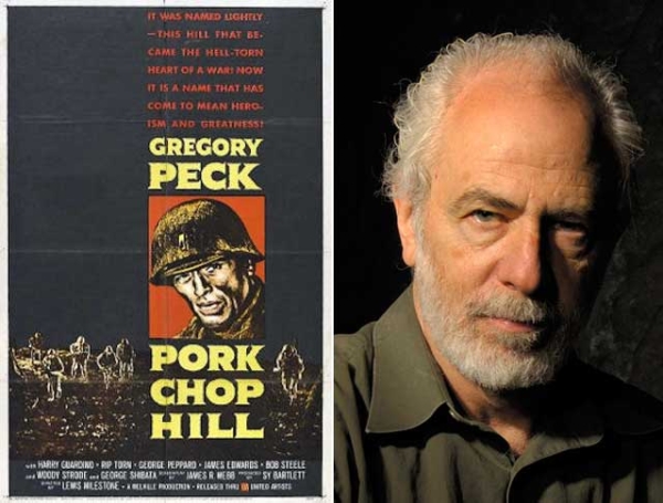 L: Poster art for "Pork Chop Hill" (1959); R: Historian Richard Slotkin. (Bill Burkhardt/neh.gov)