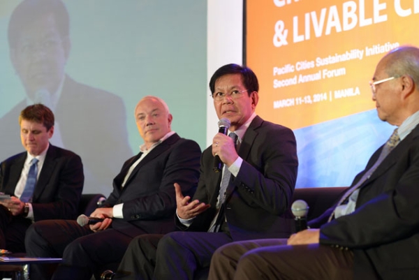 L to R: Asia Society Executive Vice President Tom Nagorski, Sir Robert Parker, Secretary Panfilo Lacson, and Dr. Kuntoro Mangkusubroto at the second annual PCSI Forum in Manila on March 11, 2014. (Asia Society)