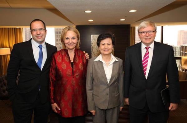 L to R: College Board President David Coleman, Asia Society President Josette Sheeran, Director-General of Hanban Xu Lin, and former Australian Prime Minister Kevin Rudd at the start of Asia Society's 2014 National Chinese Language Conference on May 8, 2014. 