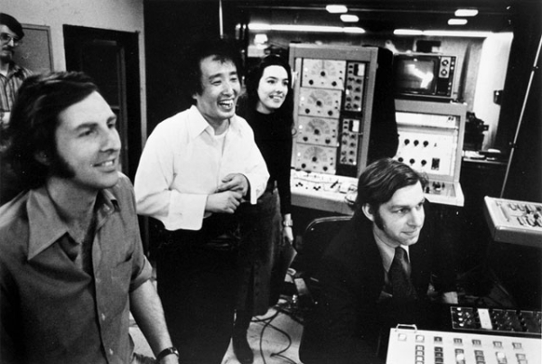 L to R: David Loxton, Nam June Paik, Charlotte Moorman, and John Godfrey at the TV Lab studio in New York City. (Courtesy Howard Weinberg)