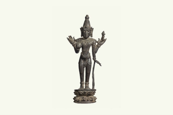 Vishnu; Pagan period, 11th–12th century; Bronze; H. 14 x W. 7 x D. 4 in. (35.6 x 17.8 x 10.2 cm). National Museum, Yangon. (Sean Dungan)