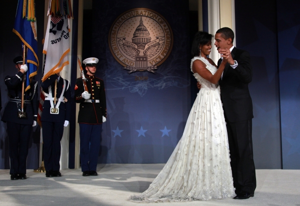 The First Lady in her 2009 inauguration gown, also designed by Wu, dances with her husband during the Youth Inaugural Ball in Washington, DC on January 20, 2009. (Mark Wilson/Getty Images)