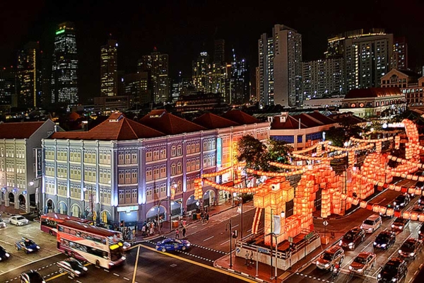 A 108-meter-long snake sculpture made from 5,000 red cube-shaped lanterns illuminates Singapore's Chinatown for the Lunar New Year celebrations on January 30, 2013. (chooyutshing/flickr)
