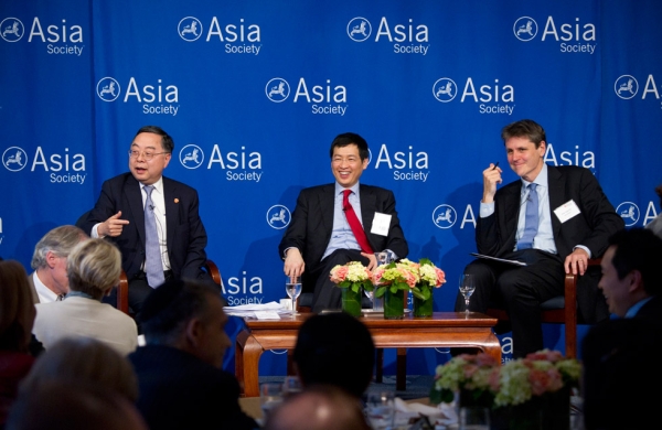 Ronnie Chan (L) and Johnny Mok (C) participate in a discussion moderated by Asia Society Executive Vice President Tom Nagorski (R) on June 27, 2014 at Asia Society New York. (Elena Olivo/Asia Society)