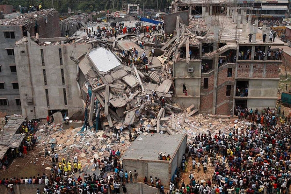 Aerial shot of the remains of the Rana Plaza building in Dhaka, Bangladesh. (Wikimedia Commons)