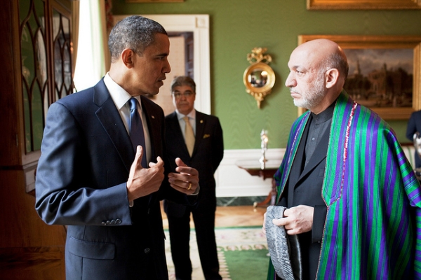 President Barack Obama converses with President Hamid Karzai of Afghanistan at the White House in Washington, D.C., on May 12, 2010. (U.S. Department of State/Flickr)
