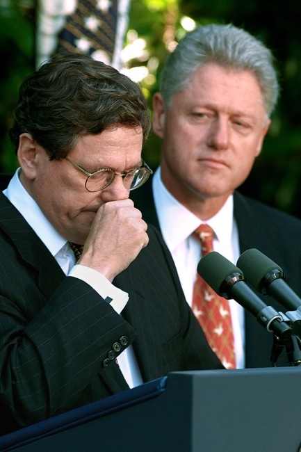 Washington DC, 1999: President Bill Clinton (R) nominated Holbrooke as US Ambassador to the United Nations, where he replaced outgoing UN Ambassador Bill Richardson. Holbrooke collects his thoughts during the nomination ceremony at the White House Rose Garden on June 18, 1999. (Paul J. Richards/AFP/Getty Images)