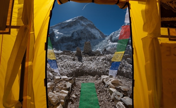 A view of the Khumbu Icefall from the entrance of the exhibition tent. (David Breashears)