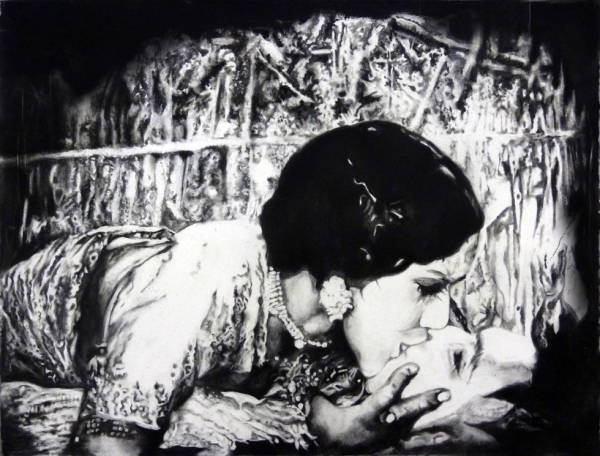 Chitra Ganesh, Devika's Kiss (2012), charcoal on paper, 85.1 x 100.5 cm. 