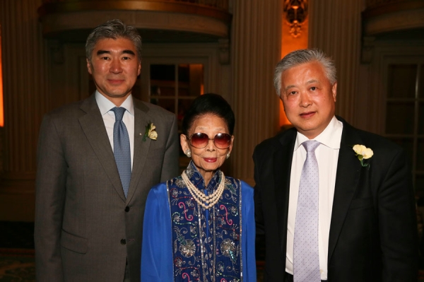 From left, honorees Sung Y. Kim, U.S. Ambassador to the Republic of Korea is awarded Diplomat of the Year, Madame Sylvia Wu, Restauranteur is awarded the Culinary Legacy Award and Ming Hsieh, Entrepreneur is awarded Philanthropist of the Year pose during the Asia Society Southern California 2014 Annual Gala held at the Millennium Biltmore Hotel on Monday, May 19, 2014, in Los Angeles, Calif. (Photo by Ryan Miller/Capture Imaging)