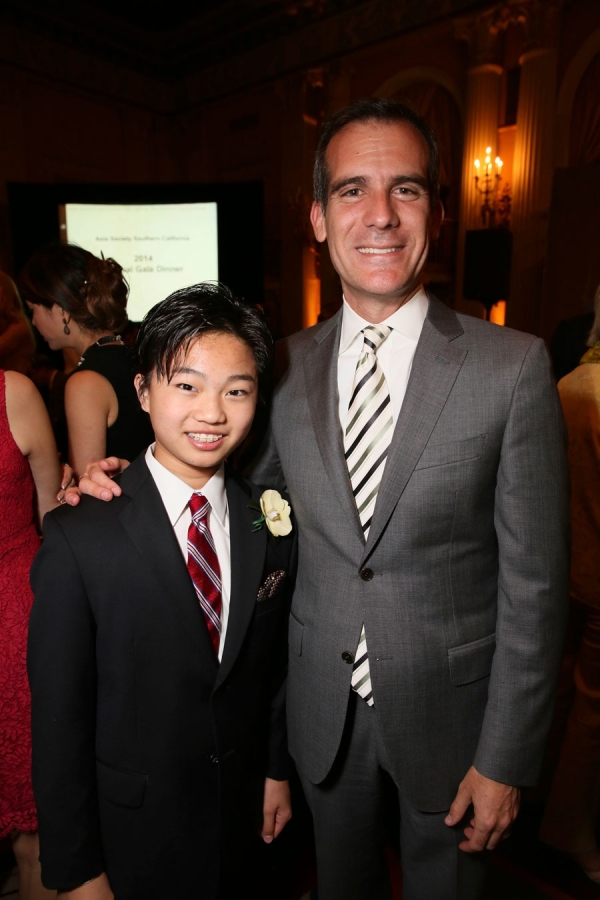 From left, Ray Ushikubo, Pianist  and Los Angeles Mayor Eric Garcetti pose during the Asia Society Southern California 2014 Annual Gala held at the Millennium Biltmore Hotel on Monday, May 19, 2014, in Los Angeles, Calif. (Photo by Ryan Miller/Capture Imaging)