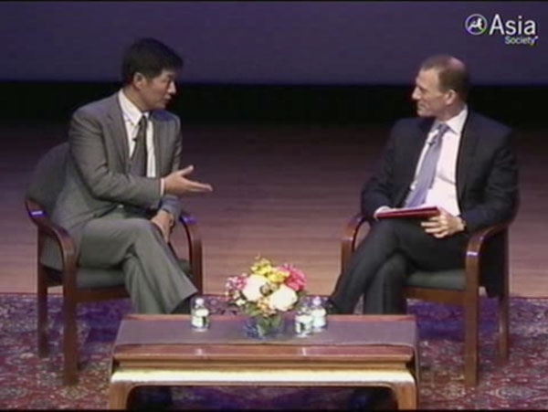 Lobsang Sangay and Jamie Metzl on stage at the Asia Society in New York on July 19, 2011.