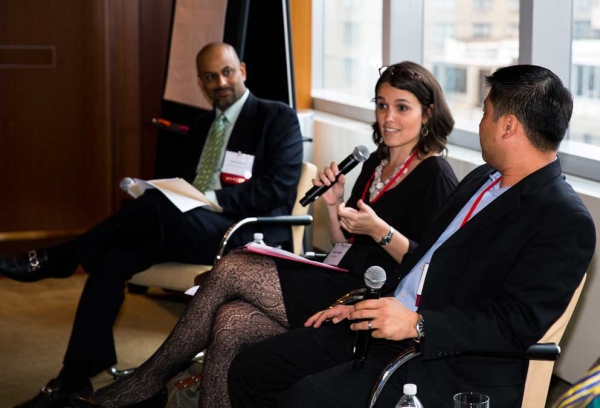 L to R: Apoorva N. Gandhi, Asia Society Executive Director of Education Jessica Kehayes, and David W. Kim of Dell Inc. at one of the morning workshops. (Suzanna Finley/Asia Society)