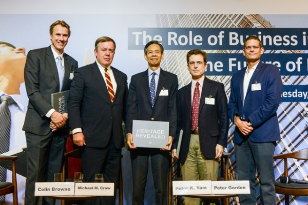 From L to R: Colin Browne, Vice President and Managing Director of Asia Sourcing at VF Corporation, Dr. Michael M. Crow, President of Arizona State University, Peter K. Yam, retired President of Greater China of Emerson, Peter Gordon, Editor of Asian Review of Books, Alexander J. Boome, Jr., Program Director of Hinrich Foundation.
