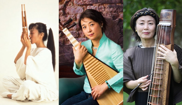L to R: Performing at Asia Society New York on Feb. 7, 2015 are sho player Mayumi Miyata; Wu Man on pipa; and Jin Hi Kim on kumongo. (Music From Japan/Stephen Kahn/Patricia Santos)