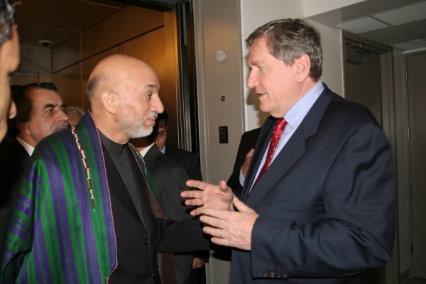 Holbrooke was also instrumental in bringing world leaders to the organization. Here he speaks behind the scenes with Afghanistan President Hamid Karzai at Asia Society New York headquarters on Sept. 23, 2008. (Bill Swersey/Asia Society)