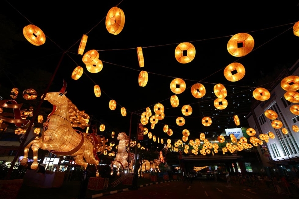 Brightly lit life-sized horse and gold coin lanterns illuminate the streets on January 11, 2014 in Chinatown, Singapore. (Suhaimi Abdullah/Getty Images)