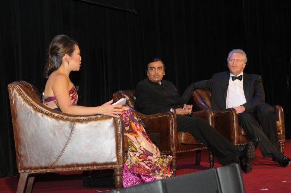 In conversation with Melissa Lee (L), Mukesh Ambani (C) and Jeffrey Immelt (R) expressed their commitment to creating jobs at home and overseas. Both emphasized the power of innovation to produce a &quot;win-win&quot; for the world&apos;s economies. (Elsa Ruiz/Asia Society)