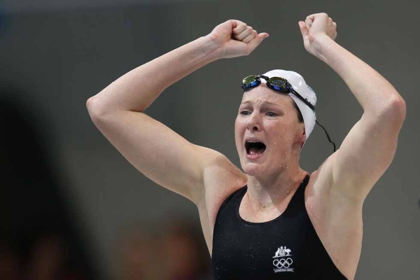 GOLD: Australia's Cate Campbell celebrates winning the Women's 400m Freestyle Relay final on July 28, 2012. (Clive Rose/Getty Images)