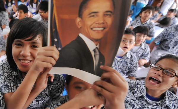 Students of Barack Obama&apos;s old school in Jakarta, Indonesia cheer after the teacher announces Obama&apos;s victory on November 5, 2008. (Bay Ismoyo/AFP/Getty Images)